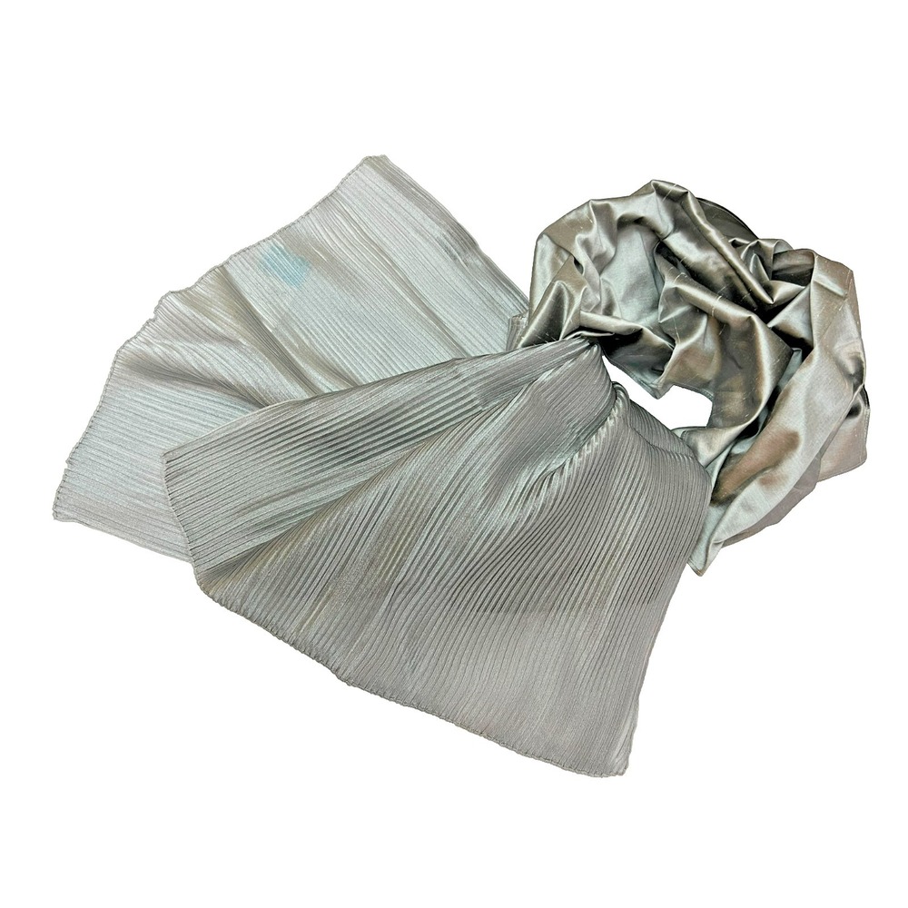 NWT Per Se Metallic Silver Silk Scarf/Wrap Pleated & Smooth 17" W x 76" L